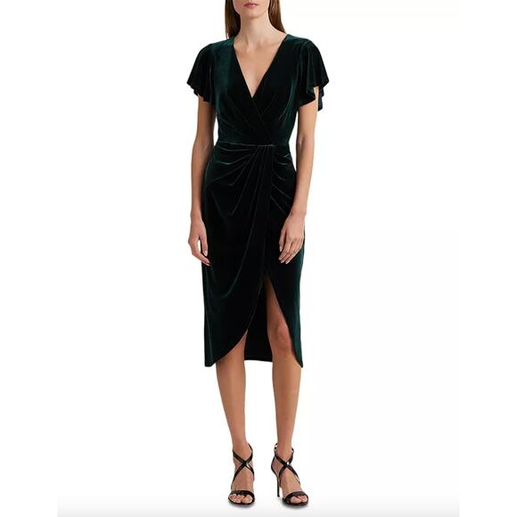 Lauren Ralph Lauren Velvet Flutter Sleeve Cocktail Midi Dress Green US 16 NWT - Picture 6 of 14